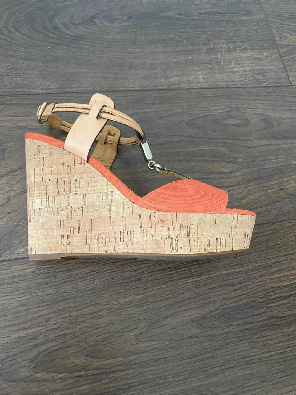 Coach Orange Canvas Cork Wedge Sandals with Tan Leather Straps